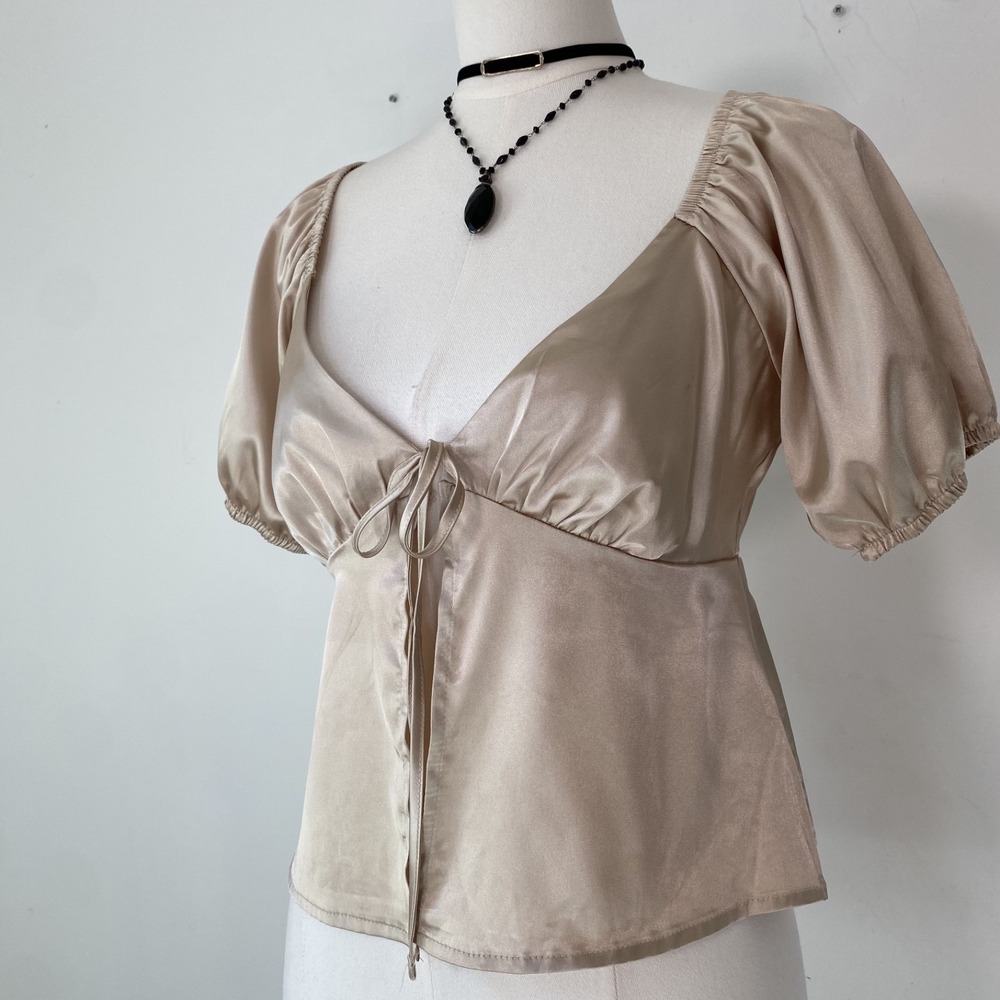 Forever 21 Women Satin Y2K Coquette Tie Front Top Size S Babydoll Fairy Feminine - Picture 4 of 12